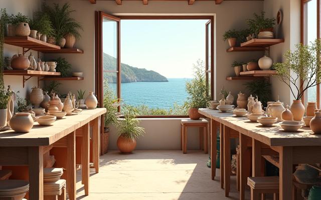 Interno dello studio di Corallo Studio con ceramiche esposte ispirate al mare di Genova.