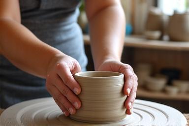 Mani che plasmano l'argilla su un tornio, con vasi semifiniti sullo sfondo.