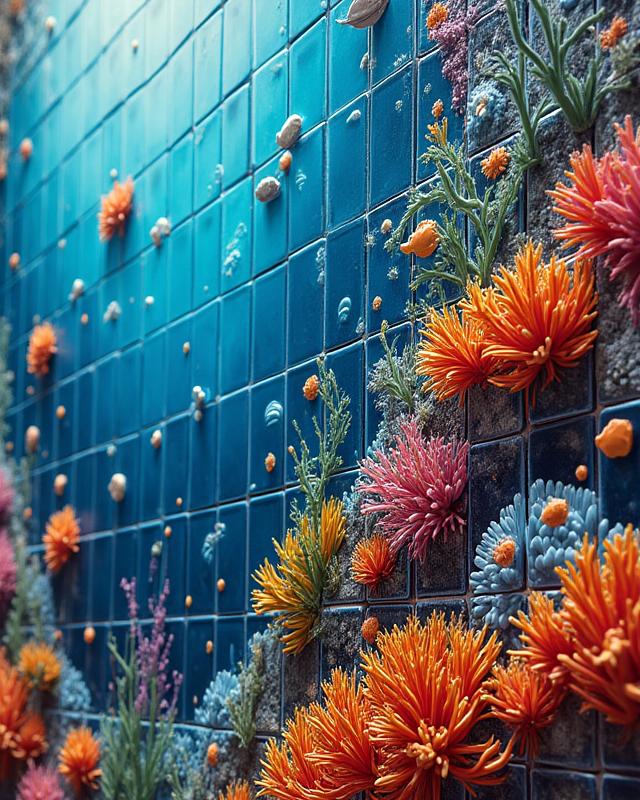Dettaglio di un grande murales in ceramica raffigurante flora e fauna sottomarina, colori vividi