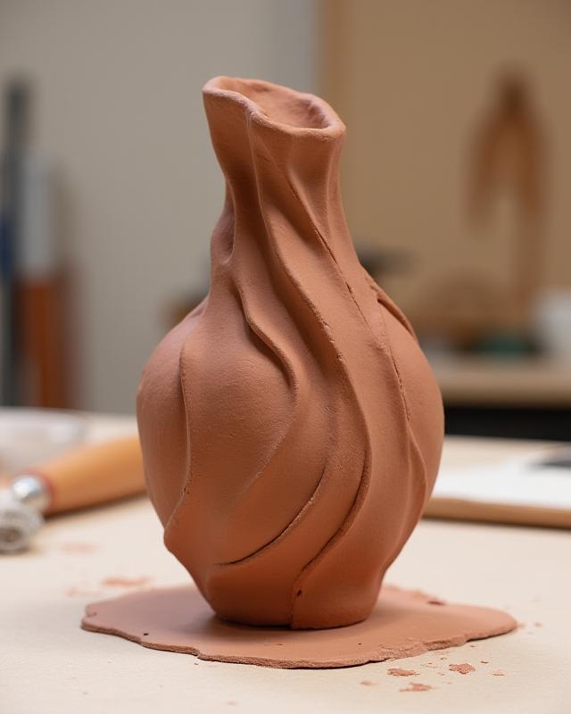 Scultura astratta in argilla, primo lavoro di uno studente, con linee organiche e finitura grezza