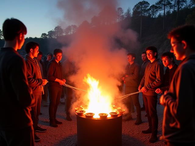 Studenti entusiasti che partecipano a un workshop di cottura Raku all'aperto.