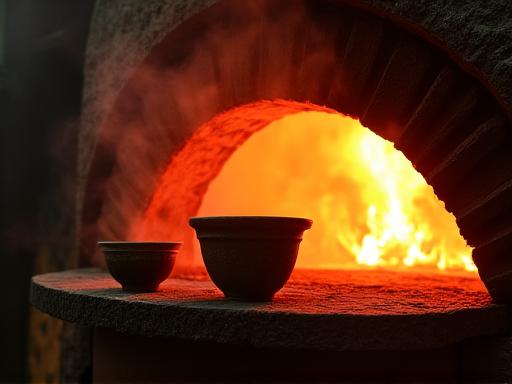 Processo di cottura Raku in un forno esterno, con fiammate e fumo.